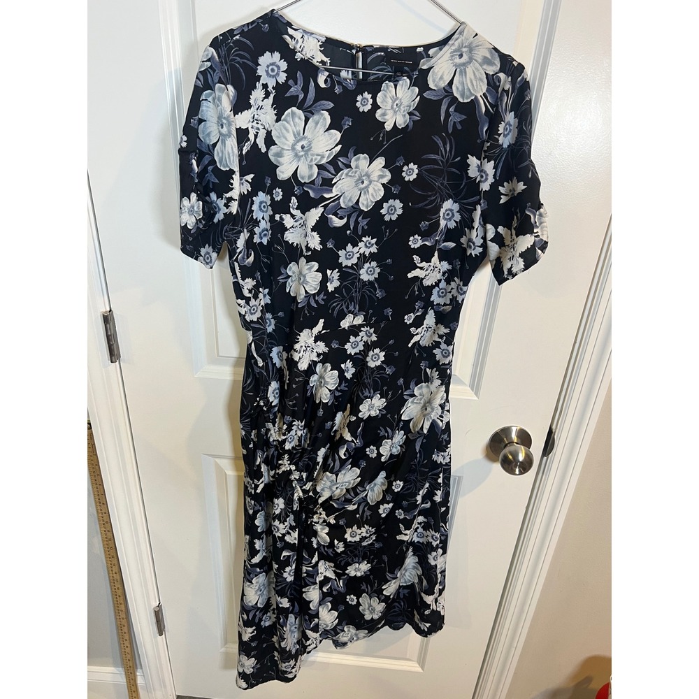 Who What Wear Womens Midi Dress Floral Ruched Asymmetrical Navy Blue Size M